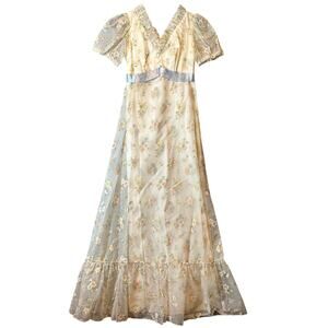 Vintage 70s Sheer Floral Maxi Dress Cottagecore Prairie Lace Puff Sleeve Gown XS